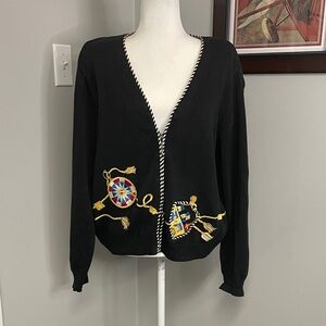 Susan Bristol Embroidered Nautical Sailing black cardigan 90s 1996 Size XL Zip